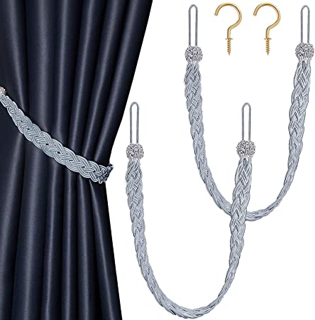 Blulu Braided Curtain Tiebacks Rope Belt Curtain Ties and Hooks Metal Curtain Tieback Hooks for Window Curtain Accessories (4, Grey)