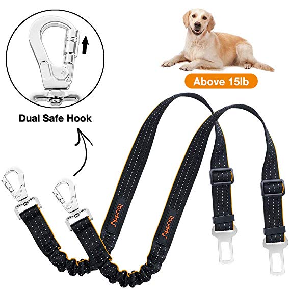 iBuddy Dog Seat Belts for Cars of Small/Medium/Large Dogs,Adjustable Pet Seat Belt for Dog Harness with Dual Safe Bolt Hook and Elastic Durable Nylon Dog Safety Belt for Car