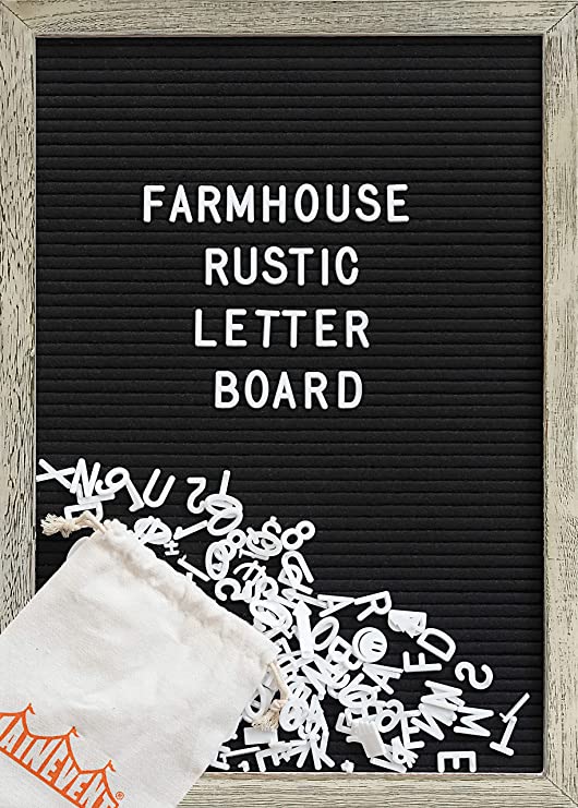Farmhouse Wall Decor Felt Letter Board - 12 x 17 Inch Rustic Wood Frame, Black Felt with 374 Precut White Letters, Wall Hook, Canvas Bag, Stand - Great Shabby Chic Vintage Decor Message