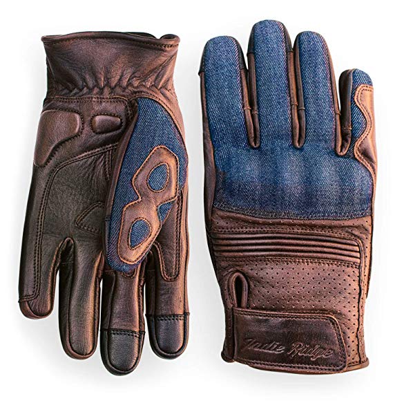 Denim & Leather Motorcycle Gloves (Brown) With Mobile Touchscreen by Indie Ridge (Large)