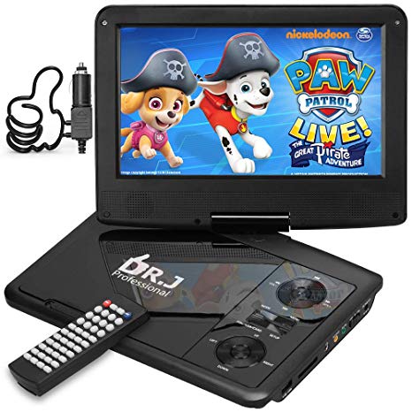 DR. J 11.5 Inch Region Free Portable DVD Player with 9.5 Inch Swivel Screen with Car Charger Wall Charger and AV Cable to Sync TV Function, Support USB SD Card Slot, Built-in 5 Hours Rechargeable Battery