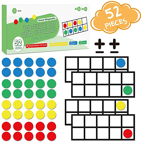 Big Magnetic Ten-Frame Set, Opret Math Manipulative for Elementary Ten Frame Math Games for Kindergarten with Storage Bag, 4 Ten Frame, 44 Big Counters, 2 Plus and 2 Minus