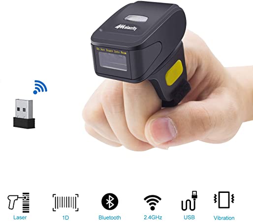 Wireless Bluetooth Ring Finger Mini Barcode Scanner, Alacrity 1D Laser Compatible with Bluetooth Function & 2.4GHz Wireless & Wired Connection, Portable Wearable Bar Code Reader Scanner