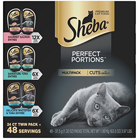SHEBA PERFECT PORTIONS 2.6 oz. Multipack Cuts In Gravy, Gourmet Salmon, Signature Tuna, And Delicate Whitefish & Tuna Entrée Wet Cat Food (24 Twin Packs), Every Recipe Formulated Without Grain or Corn