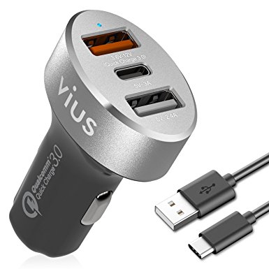 vius 54W 3-Port Quick Charge 3.0 USB Car Charger [Silver] – Best for iPhone 7 6S 6 Plus 6 5SE 5S 5 5C 4S, iPad Pro Air 2 mini, Samsung Galaxy S7 S6 Edge Plus Note 5 4, LG G5 G4, HTC, Nexus and More
