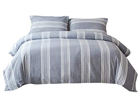 PHF Washed Cotton Duvet Cover Set Bedding Yarn Dyed 3-Piece Breathable and Lightweight Queen Size Blue Greyish