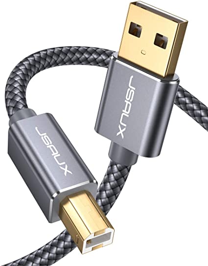 JSAUX USB Printer Cable 4.5M, USB 2.0 A Male to B Male Nylon Braided Gold Plated Printer Scanner Cord Compatible for Canon, Epson, HP, Lexmark, Dell, Xerox, Samsung etc and other USB B devices - Grey