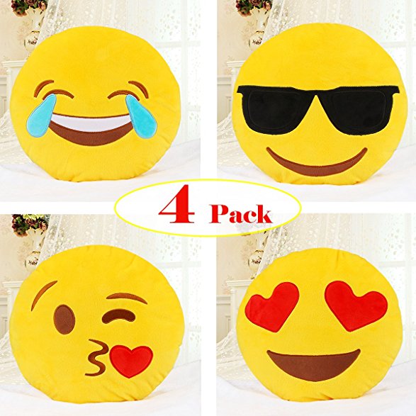 Emoji Pillow Set, Dreampark 4 Pack Smiley Pillow Emoticon Cushion Stuffed Plush Round Yellow Soft Pillow (13 inches)