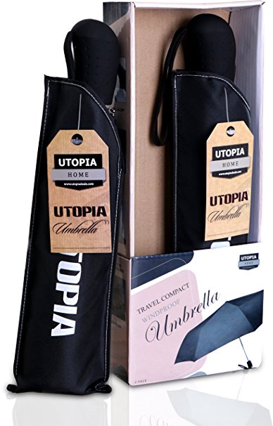 Travel Compact Windproof Umbrella (Pack of 2) - 43-Inch Arc Length Canopy - Auto-Open Technology - An Ideal Companion for Golfers - by Utopia Home