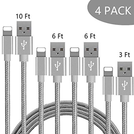 MFi Certified iPhone Charger Lightning Cable, Live2Pedal 4Pack(3/6/6/10ft) Extra Long Nylon Braided USB Fast Charging&Syncing Cable Compatible iPhone 11/11Pro/11Pro Max Xs MAX XR 6/7/8, 6/7/8 Plus.