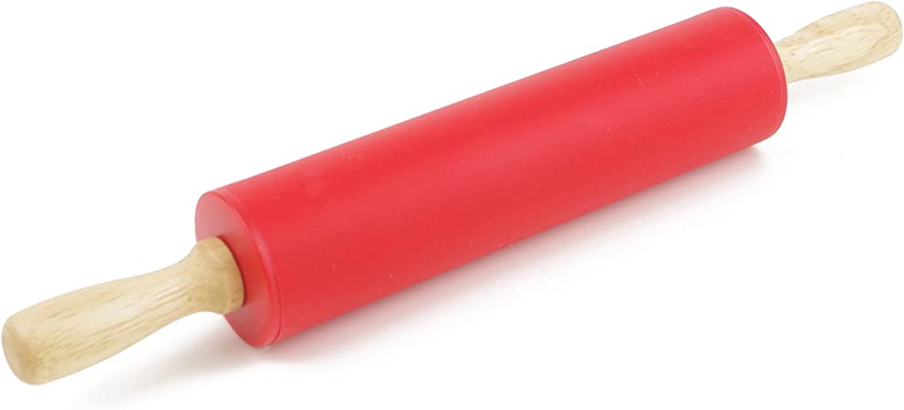 Remeel Silicone Rolling Pin Non-Stick Surface Wooden Handle (Red, 12 inch)