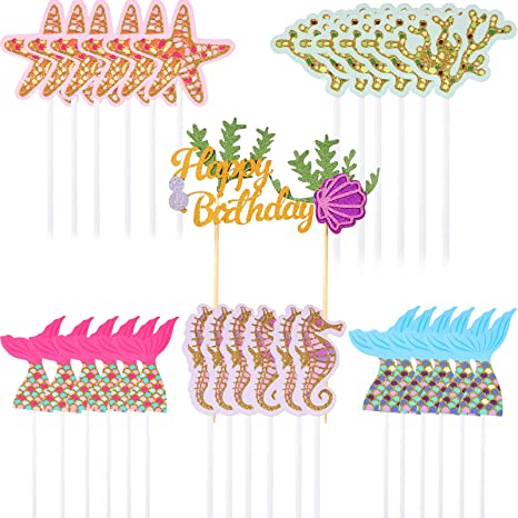 31 Pieces Mermaid Glitter Happy Birthday Cake Topper and Cupcake Toppers Decorations for Mermaid Party, Under The Sea Party, Birthday Party, Baby Shower and Wedding Party Supplies