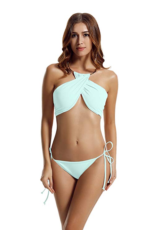 zeraca Women's High Neck Criss Cross Tie Side Bikini Swimsuits