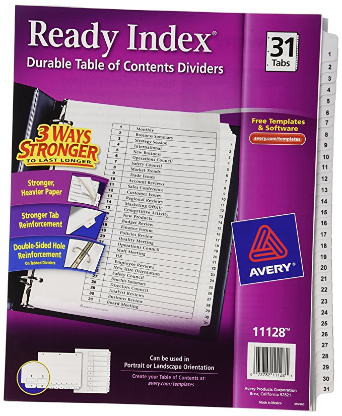 Avery Ready Index Classic Tab Titles, 31-Tab, 1-31, 8.5 X 11 Inches, Black/White, 31 per Set (11128)