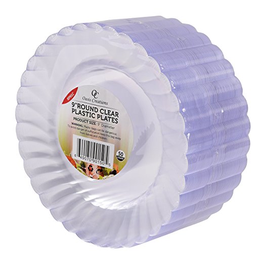 50 Premium Hard Clear Plastic Plates Set By Oasis Creations - 9" Round Disposable Plates - Washable and Reusable