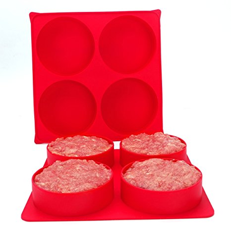 On'h Silicone Burger Press Hamburger Patty Maker 4 in 1 Round Freezer Container for BBQ Cookies Candies Cakes Brownies, Red