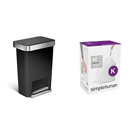 simplehuman 45 litre rectangular step can black plastic   code K 60 pack liners