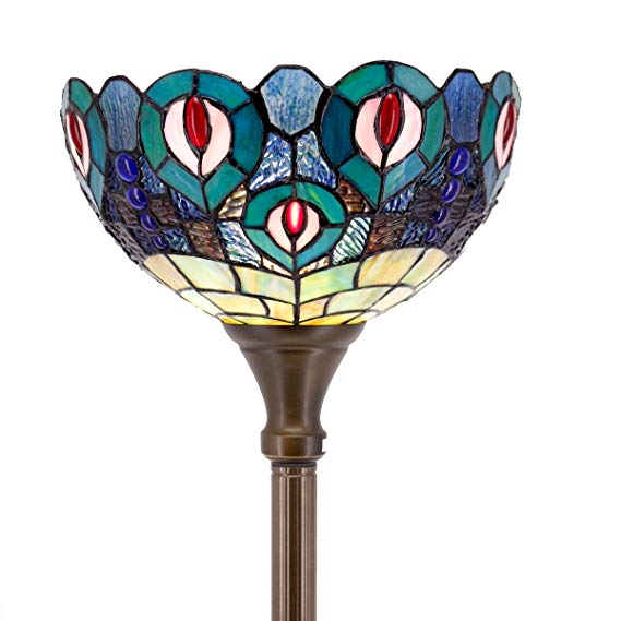 Tiffany Style Torchiere Light Floor Standing Lamp Wide 12 Tall 66 Inch Mixed Colorful Staied Glass Crystal Bead Peacock Lampshade for Living Room Bedroom Antique Table Set S666 WERFACTORY