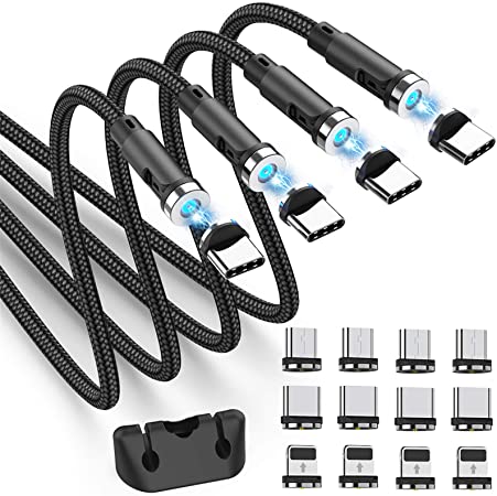 Magnetic Charging Cable, 3 in 1 Magnetic Phone Charger Cable with Led Light 360°& 180° Rotation Nylon Braided Cord (4Pack,3ft/3ft/6ft/6ft) Compatible with Micro USB,Type C and iProduct - Black