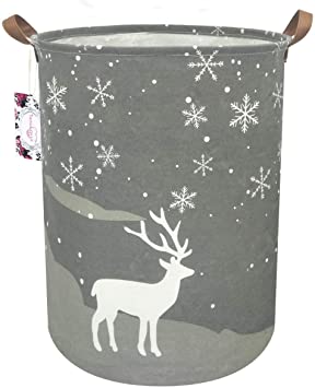 TIBAOLOVER 19.7" Large Sized Waterproof Foldable Canvas Laundry Hamper Bucket with Handles for Storage Bin,Kids Room,Home Organizer,Nursery Storage,Baby Hamper (Grey Deer)