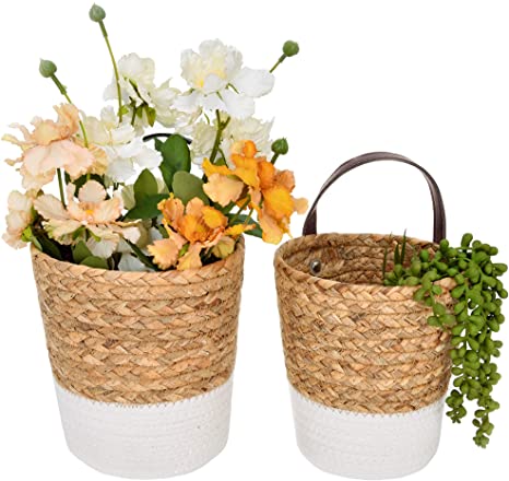 StorageWorks Water Hyacinth & Cotton Rope Hanging Basket, Small Wicker Baskets for Plants & Accessories, Wall Hanging Storage Basket for Home Decor, Mixing of Natural & White, Set of 2