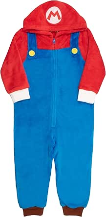 Nintendo Super Mario Brothers Boys Long Sleeve Onesie Zip Coverall with Hoodie Mario & Luigi Cosplay Zip Up Onesie