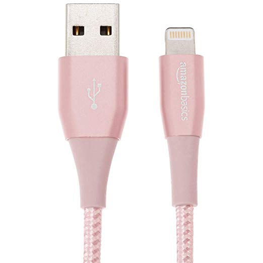 AmazonBasics Double Nylon Braided USB A Cable with Lightning Connector, Premium Collection - 6-Foot, 2-Pack - Rose Gold