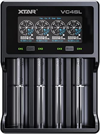 Universal Smart 4 Bay Battery Charger XTAR VC4SL VC4S Type C LCD 18650 Battery Charger for 3.7V 3.6V Li-ion Rechargeable Battery 10440 14500 18650 21700 26650 and Ni-MH Ni-CD AA AAA(Batteries Excluded)