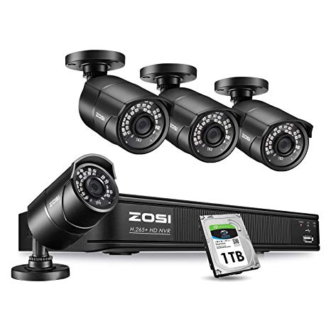 ZOSI 1080p H.265  PoE Home Security Camera System Outdoor Indoor,8CH 5MP PoE NVR Recorder and (4) 1080p Surveillance Bullet IP Cameras with 120ft Long Night Vision ( 1TB Hard Drive Built-in)