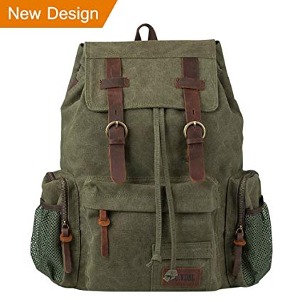 P.KU.VDSL Vintage Canvas Backpack for Women, Leather Backpack for Men, Casual Bookbag for School Travel Hiking 25L, Fit 17’’ Laptop