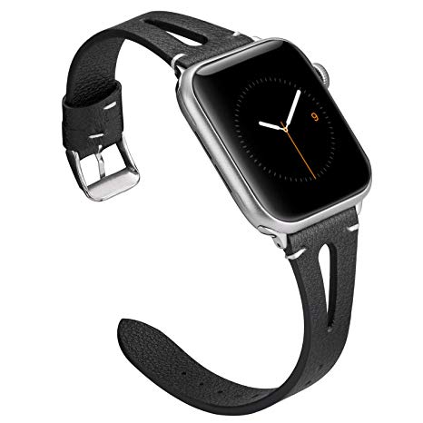 Wearlizer Black Leather Compatible with Apple Watch Bands 38mm 40mm iWatch Womens Mens Special Straps Triangle Hole Wristband Sport Replacement Bracelet (Metal Silver Buckle) Series 4 3 2 1 Edition