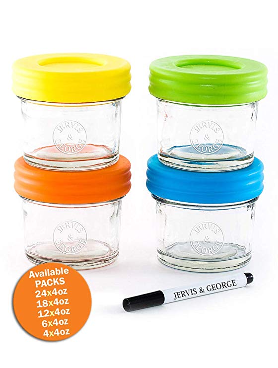 Glass Baby Food Storage Containers - Set contains 4 Small Reusable 4oz Jars with Airtight Lids - Safely Freeze your Homemade Baby Food
