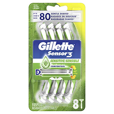 Gillette Sensor3 Men's Disposable Razor, Sensitive, 8 Count (Packaging May Vary)