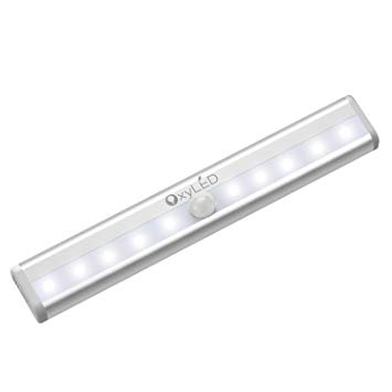 10 leds - 1pack : OxyLED OxySense T-02 DIY Stick-on Anywhere Portable 10-LED Wireless Motion Sensing Closet Cabinet LED Night Light / Stairs Light / Step Light Bar with Magnetic Strip (Battery Operated) - Silver(1 Pack)