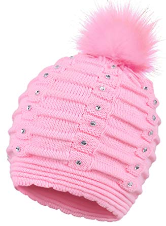 Arctic Paw Horizontal Cable Knit Beanie with Sequins and Faux Fur Pompom