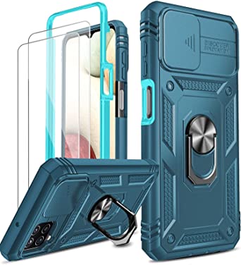 LeYi for Samsung Galaxy A12 5G/M12 Case and 2 Tempered Glass Screen Protector with Slide Camera Cover, Ring Holder Full Body Protective Heavy Duty Shockproof Silicone Tough Armour Phone Case,Sea Blue