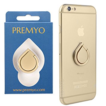 PREMYO Phone Ring Holder gold with 360° rotation. Smartphone Ring Holder for a comfortable one hand use. Cellphone Ring Holder for all iPhone and Samsung models