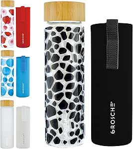 GROSCHE Venice Glass Water Bottle 670 ml, 22.6 fl. oz with Giraffe Black pattern, bamboo lid, Borosilicate Glass and neoprene sleeve. Heatproof reusable borosilicate glass water bottle.