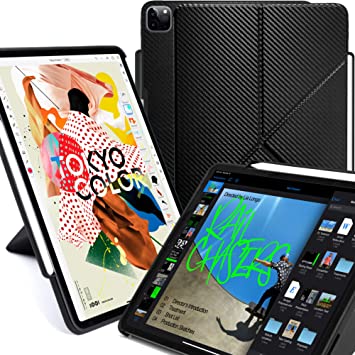 KHOMO iPad Case Pro 12.9 Case 4th Generation 2020 with Pencil Holder - Dual Origami Series - Horizontal and Vertical Stand - Supports Apple Pen Charging - Carbon Fiber (KHO-1685)