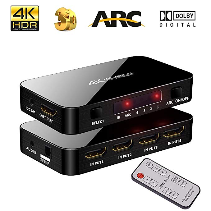 4K Ultra HD HDMI Switch with IR Remote Control, 4 Input 1 Output Port 4K X 2K HDMI Switcher with Audio Optical TOSLINK, 3.5mm Audio Port Support ARC, 3D, 1080P, 4Kx2K @60Hz for HDTV