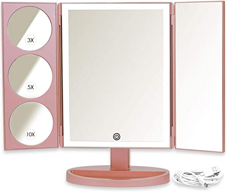 XLarge Trifold LED Lighted Vanity Makeup Mirror with 1X, 3X, 5X and 10x Magnification in Rose Gold Includes BONUS 1.8m (2-metre) USB Cable