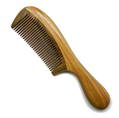 Meta-C Natural Green Sandal Wood Handmade Comb - NO SNAGS, NO TANGLE, NO STATIC (Short Handle - Standard Tooth)