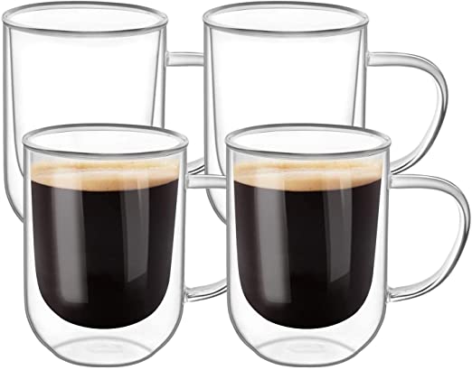 ComSaf Double Walled Glass Coffee Mugs (350ml), Thermal Insulated Borosilicate Glass Cups with Handle for Tea, Coffee, Latte, Cappuccino/Beverages, Pack of 4