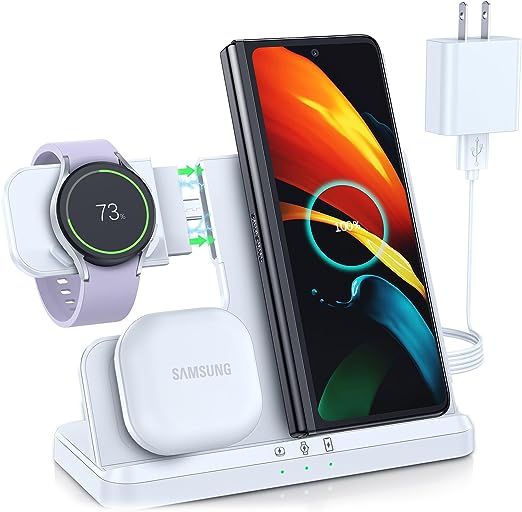 LK Wireless Charging Station for Samsung 3 in 1 Wireless Charger Compatible for Samsung S23 Ultra Plus S22 S21 S20 Z Flip 5/4/3 Fold Note20,Galaxy Watch 5/5 Pro/4/3 Galaxy Buds(White)