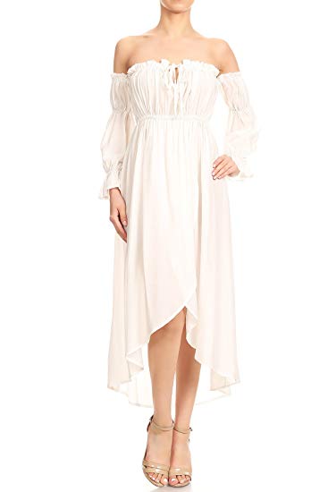 Anna-Kaci Womens Casual Boho Long Sleeve Off Shoulder Renaissance Peasant Dress