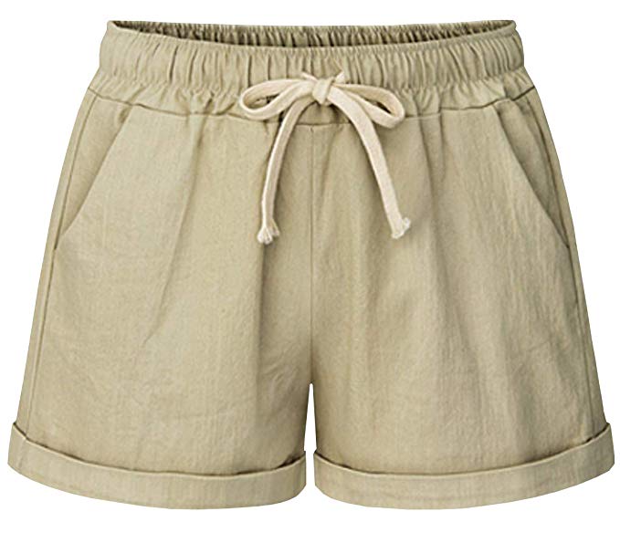 HOW'ON Women's Elastic Waist Casual Comfy Cotton Beach Shorts with Drawstring