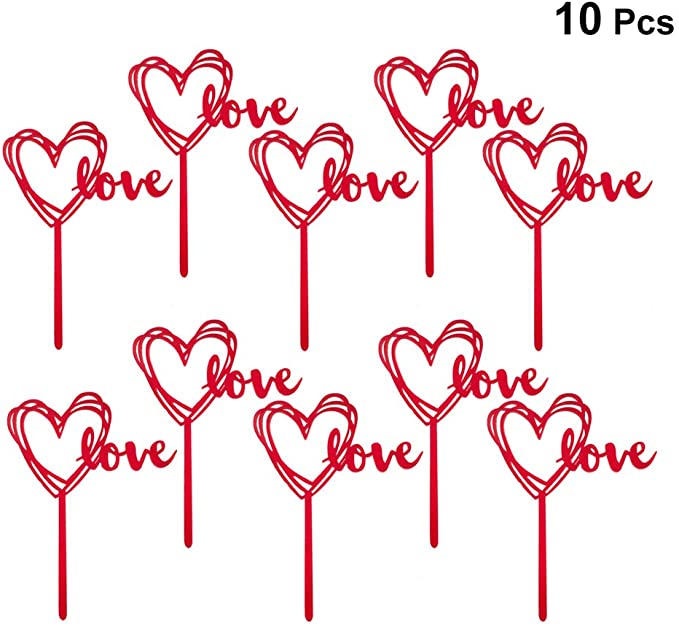 LUOEM 10 Pcs Red Love Cake Toppers Acrylic Heart Shaped Cake Topper Cake Decoration Fruit Picks for Valentine's Day Birthday Wedding Engagement Party Supplies