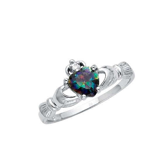 .925 Sterling Silver Rhodium Plated CZ Rainbow Heart Irish Celtic Claddagh Ring