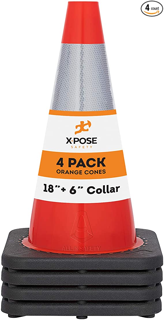 Xpose Safety 18 Inch Orange Traffic Cones with 6" Collar, Multipurpose PVC Plastic Safety Cone for Parking, Soccer, Caution, Kids and Construction