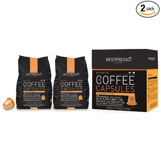 40 Bestpresso Nespresso Compatible Gourmet Coffee Capsules - Nespresso Pods Alternative: Ristretto Blend Natural Espresso Flavor (High Intensity) - Certified Genuine Espresso